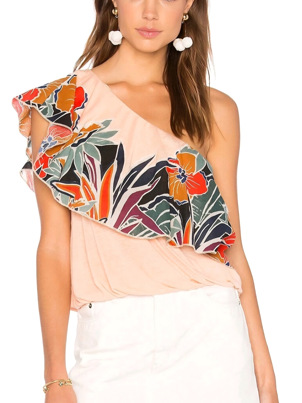 Free People One-Shoulder Floral Tropical Print Top Shirt Size S/P